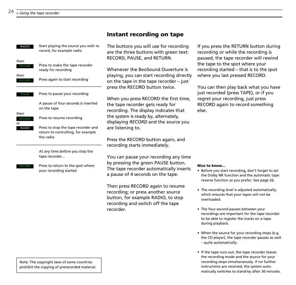 Instant recording on tape | Bang & Olufsen BeoSound Ouverture - User Guide User Manual | Page 24 / 44