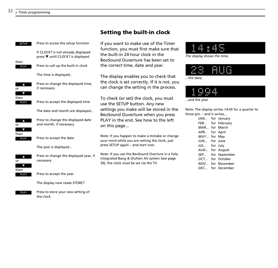 Setting the built-in clock | Bang & Olufsen BeoSound Ouverture - User Guide User Manual | Page 32 / 44