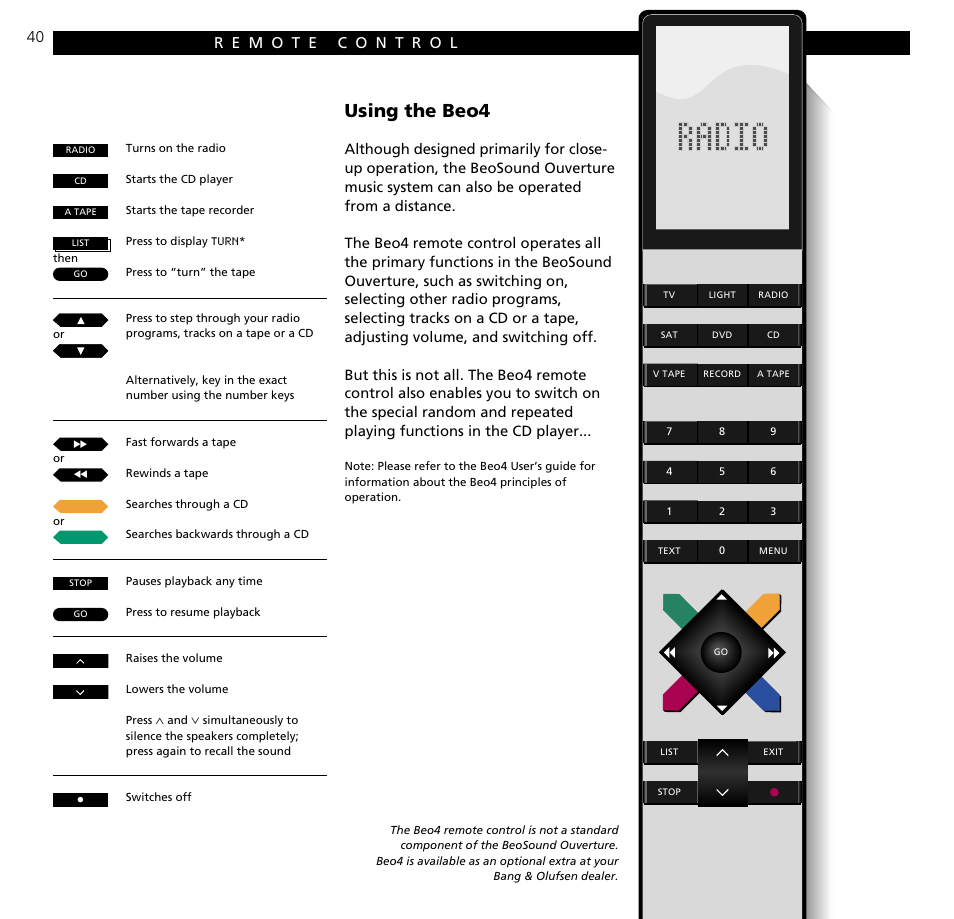 Remote control, Using the beo4 | Bang & Olufsen BeoSound Ouverture - User Guide User Manual | Page 40 / 44