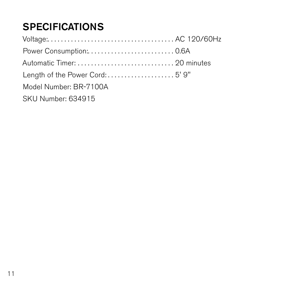 Specifications | Brookstone Pedicure Spa User Manual | Page 12 / 16