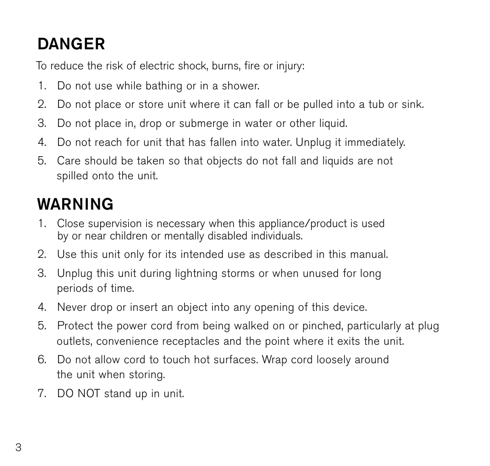 Danger, Warning | Brookstone Pedicure Spa User Manual | Page 4 / 16