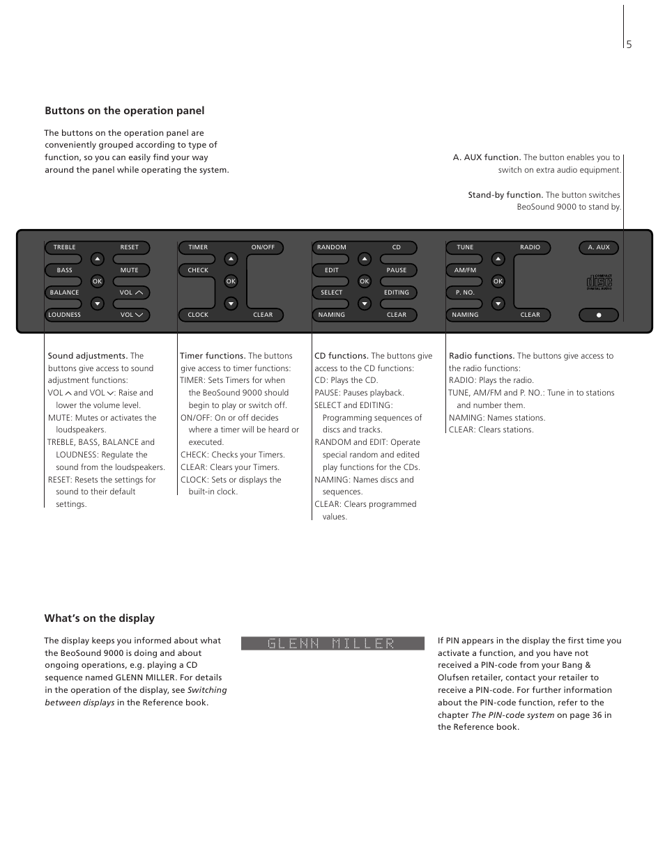 Buttons on the operation panel, What’s on the display, 5buttons on the operation panel | Bang & Olufsen BeoSound 9000 - User Guide User Manual | Page 5 / 12