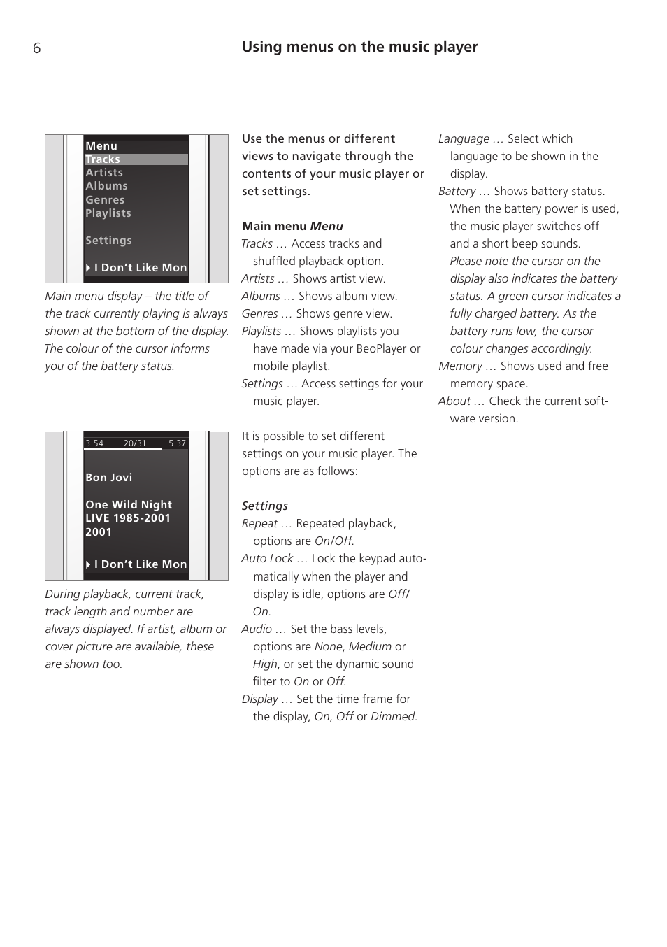 Using menus on the music player, Main menu menu | Bang & Olufsen BeoSound 6 - User Guide User Manual | Page 6 / 12
