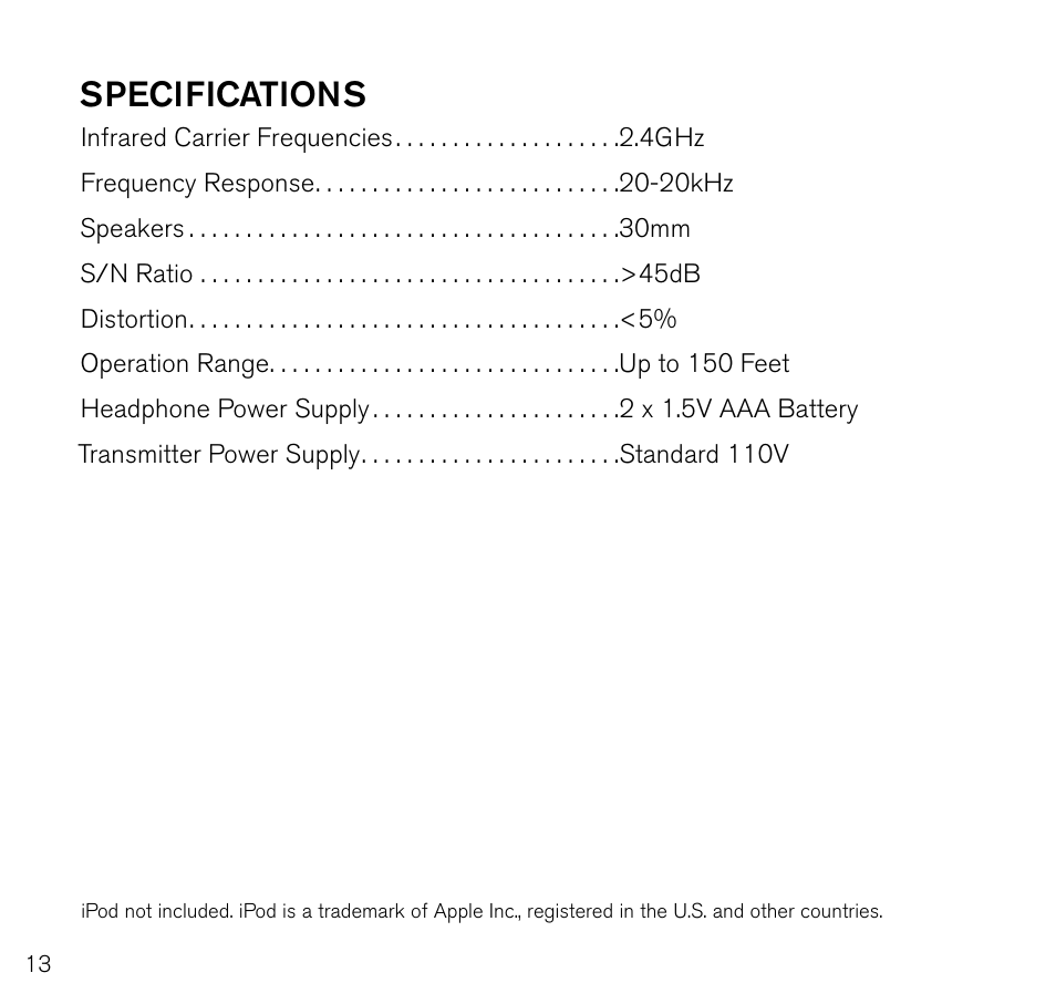 Specifications | Brookstone 683417 User Manual | Page 14 / 20