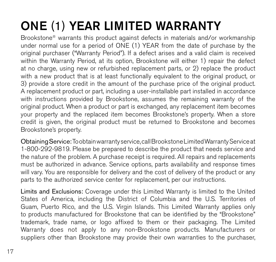 One (1) year limited warranty | Brookstone 683417 User Manual | Page 18 / 20