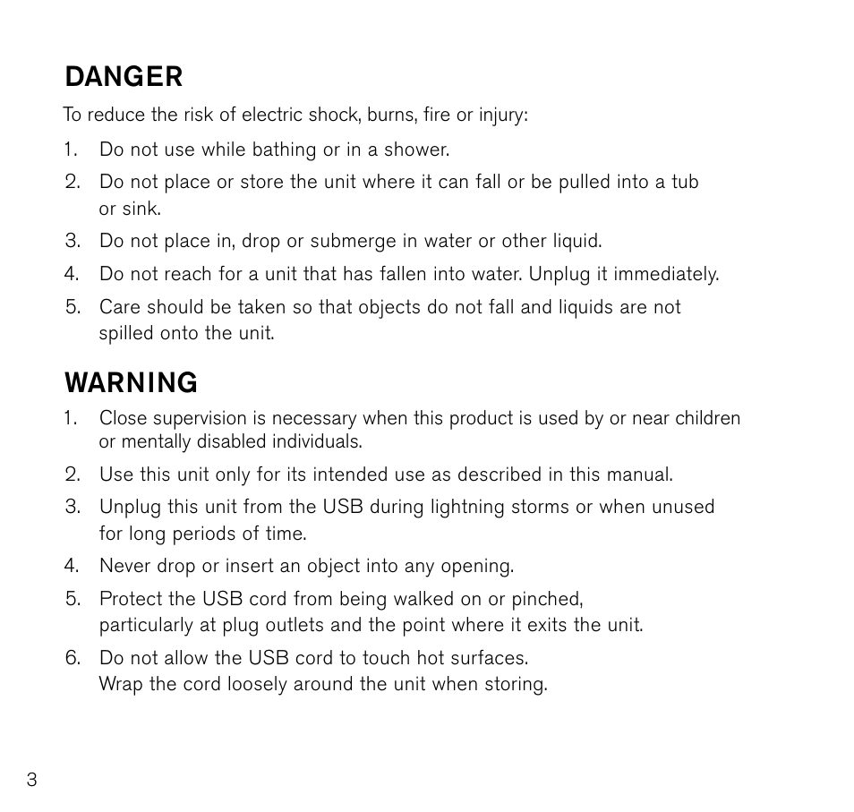 Danger, Warning | Brookstone 683417 User Manual | Page 4 / 20