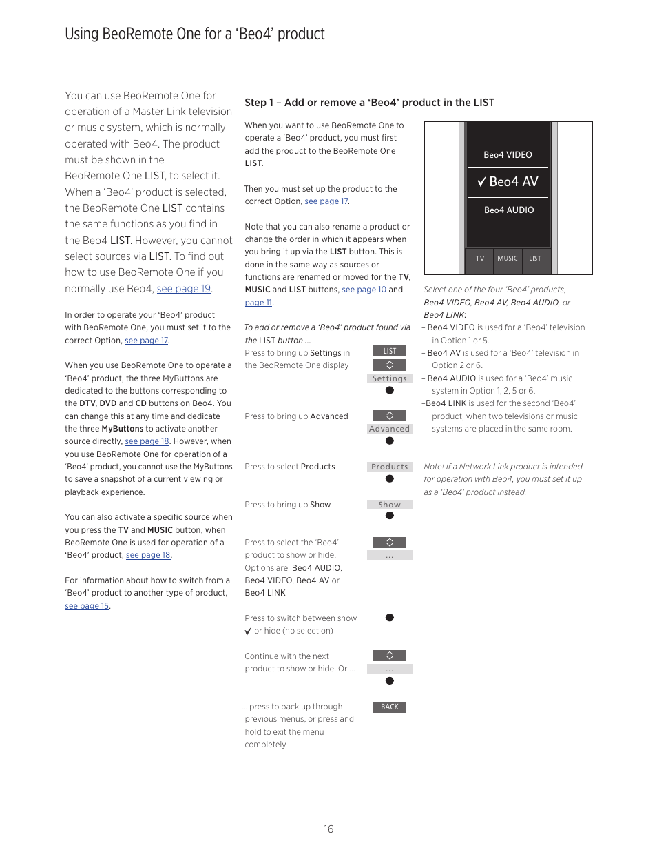 Using beoremote one for a ‘beo4’ product, Using beoremote one for a ‘beo4’ product, 16, Beo4 av | Bang & Olufsen BeoRemote One - User Guide User Manual | Page 16 / 24