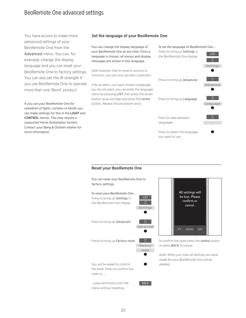 Beoremote one advanced settings, Beoremote one advanced settings, 20 | Bang & Olufsen BeoRemote One - User Guide User Manual | Page 20 / 24