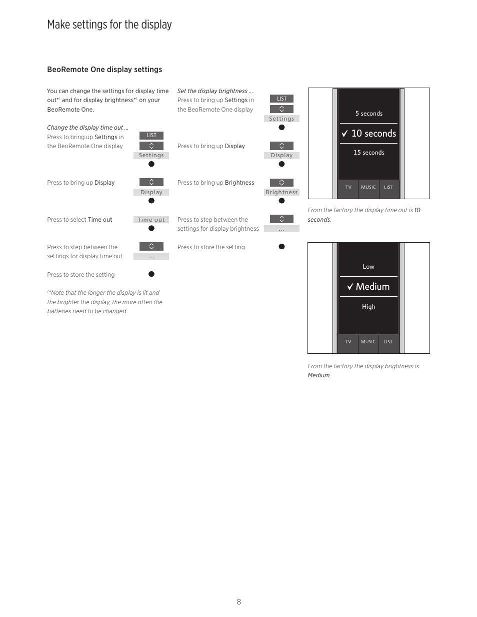 Make settings for the display, Make settings for the display, 8, 10 seconds | Medium | Bang & Olufsen BeoRemote One - User Guide User Manual | Page 8 / 24