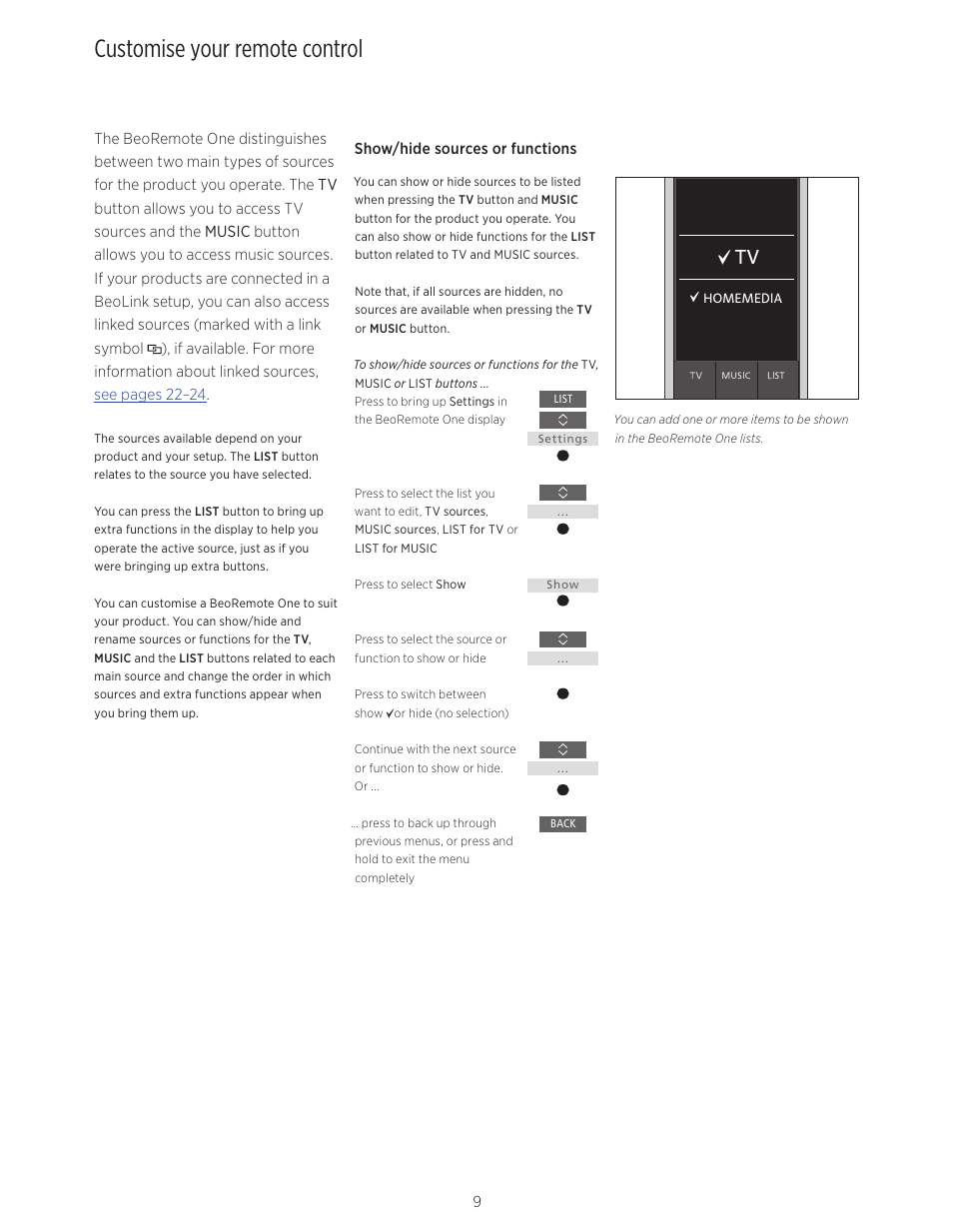 Customise your remote control, Customise your remote control, 9 | Bang & Olufsen BeoRemote One - User Guide User Manual | Page 9 / 24