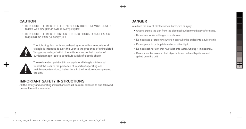 Caution, Important safety instructions, Danger | Brookstone 618009 User Manual | Page 6 / 6