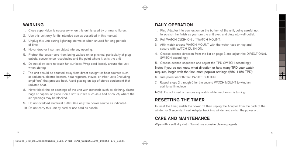 Warning, Daily operation, Resetting the timer | Care and maintenance | Brookstone 617993 User Manual | Page 5 / 6