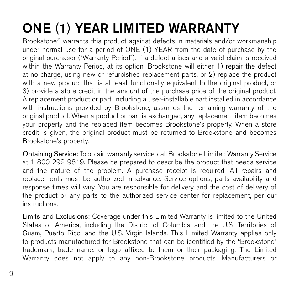 One (1) year limited warranty | Brookstone Off the Hook Bluetooth Handset 678235 Red User Manual | Page 10 / 12