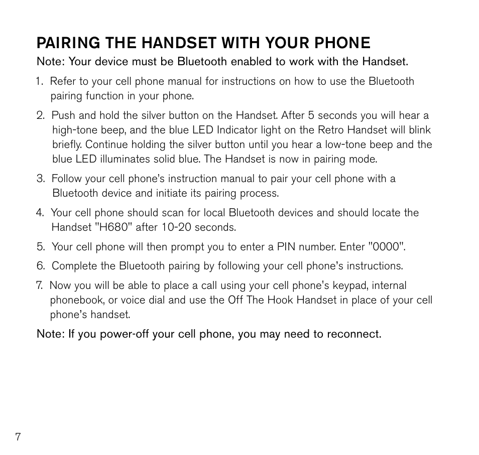 Pairing the handset with your phone | Brookstone Off the Hook Bluetooth Handset 678235 Red User Manual | Page 8 / 12