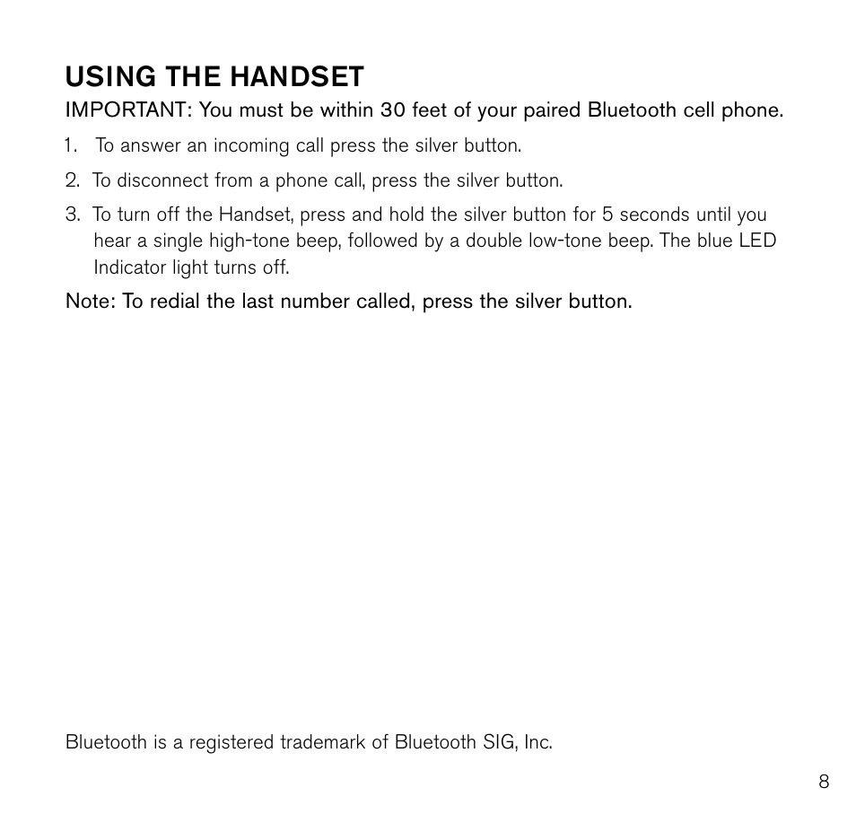 Using the handset | Brookstone Off the Hook Bluetooth Handset 678235 Red User Manual | Page 9 / 12