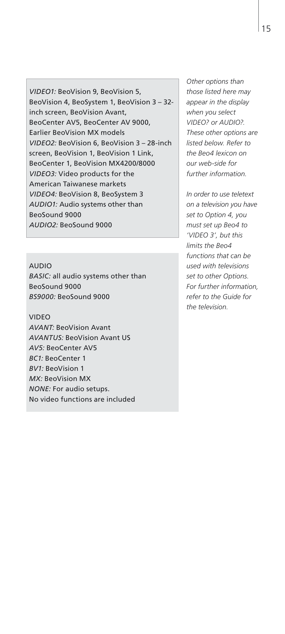 Bang & Olufsen Beo4 (w/o navigation button) - User Guide User Manual | Page 15 / 20