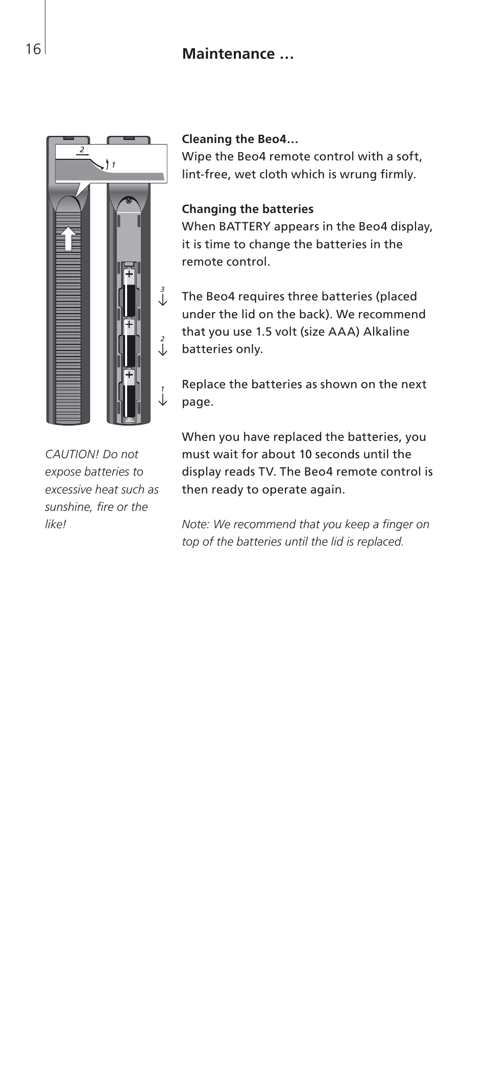 Cleaning the beo4, Changing the batteries, Maintenance | Bang & Olufsen Beo4 (w/o navigation button) - User Guide User Manual | Page 16 / 20