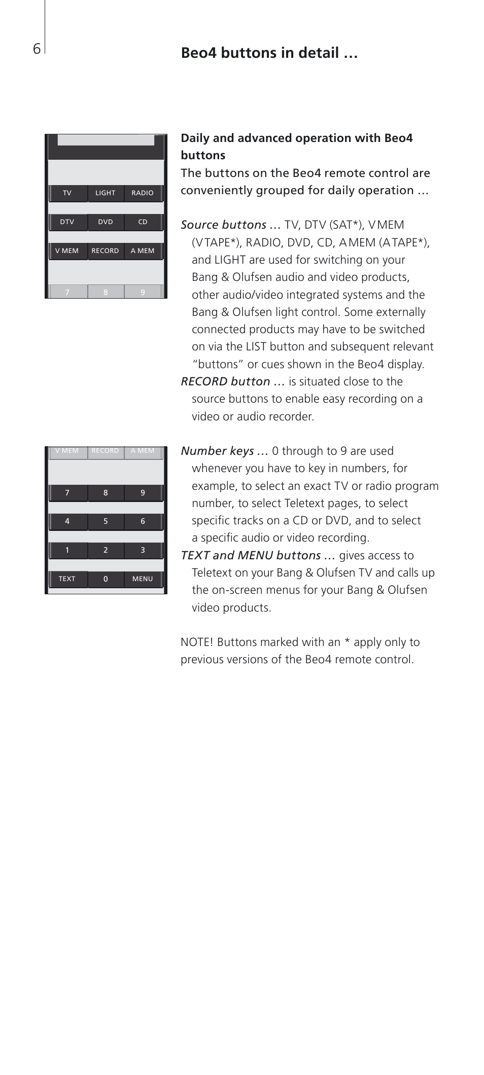 Daily and advanced operation with beo4 buttons, Beo4 buttons in detail | Bang & Olufsen Beo4 (w/o navigation button) - User Guide User Manual | Page 6 / 20