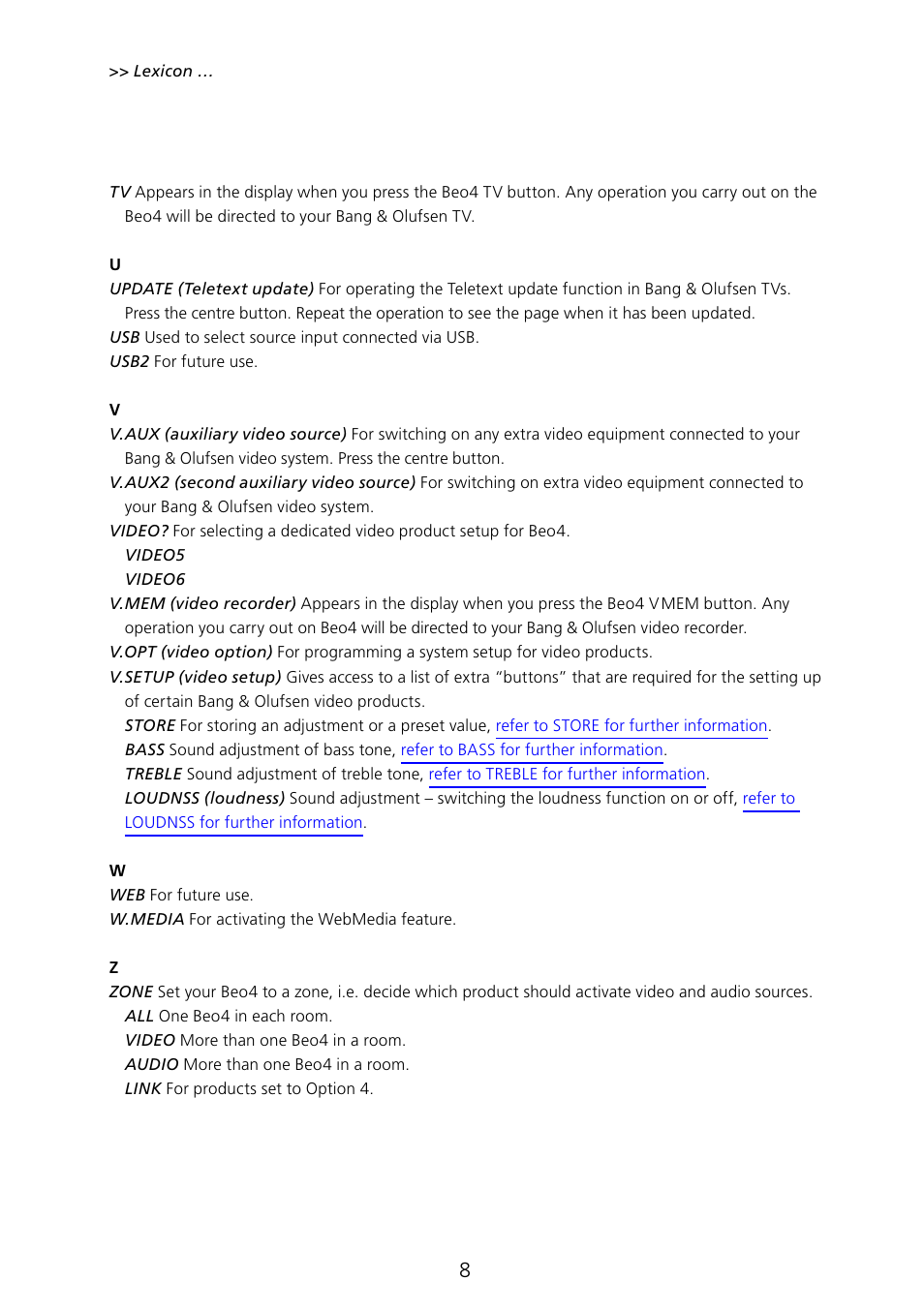 V.setup, V. setup, Refer to v. setup | Bang & Olufsen Beo4 (w/ navigation button) - Lexicon User Manual | Page 8 / 8