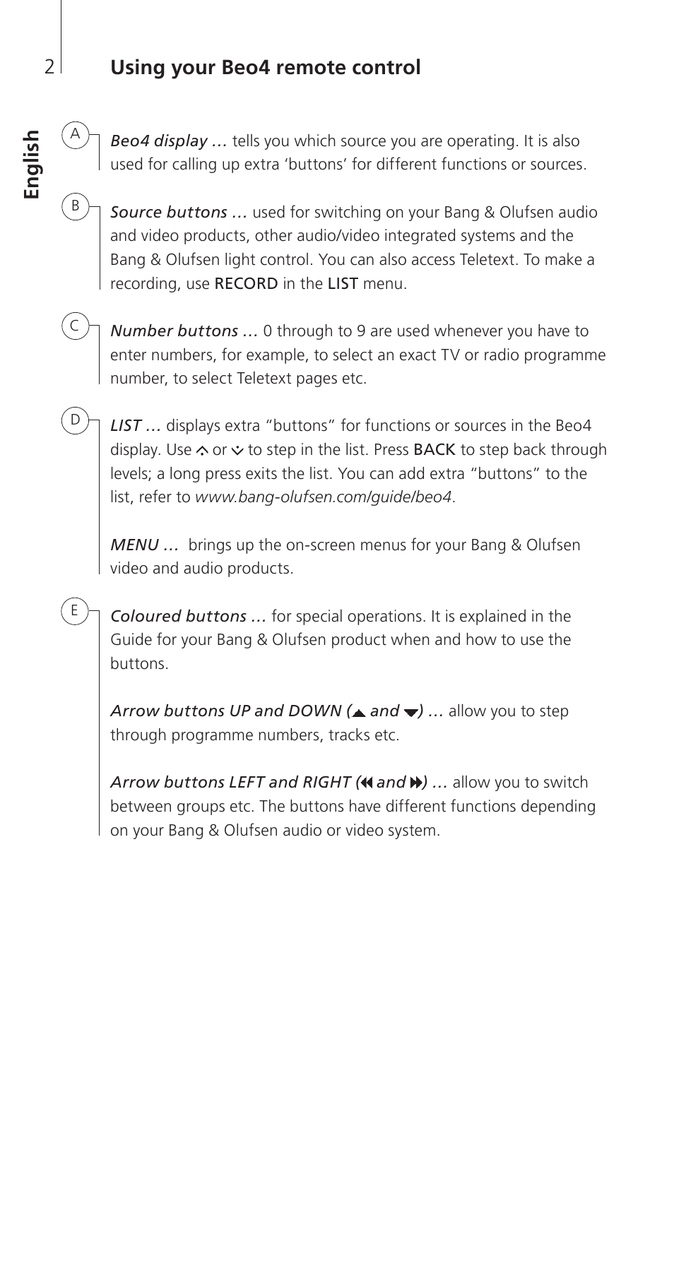 English, En g lis h using your beo4 remote control | Bang & Olufsen Beo4 (w/ navigation button) - Getting Started User Manual | Page 4 / 80