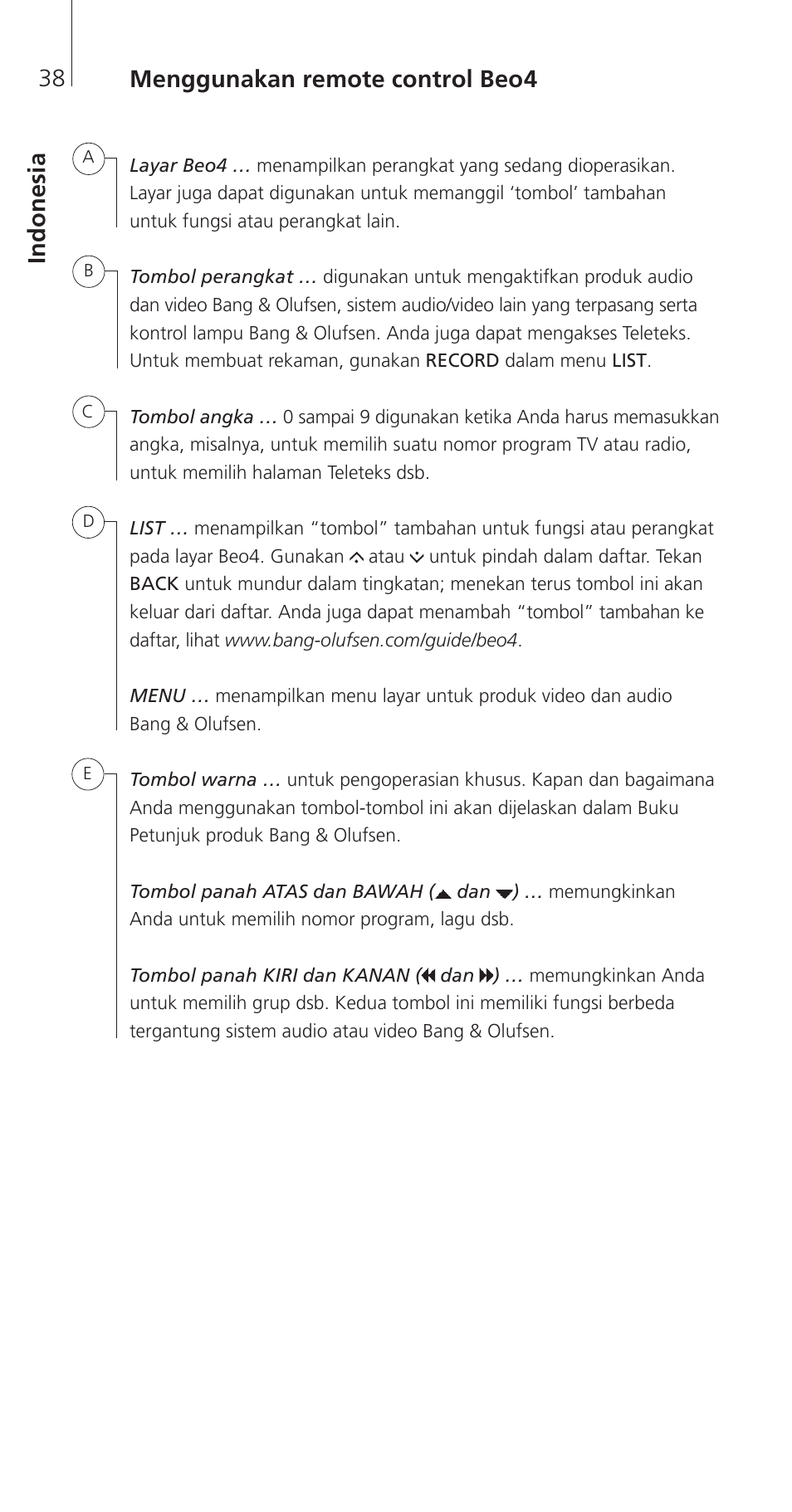 Indonesia | Bang & Olufsen Beo4 (w/ navigation button) - Getting Started User Manual | Page 40 / 80