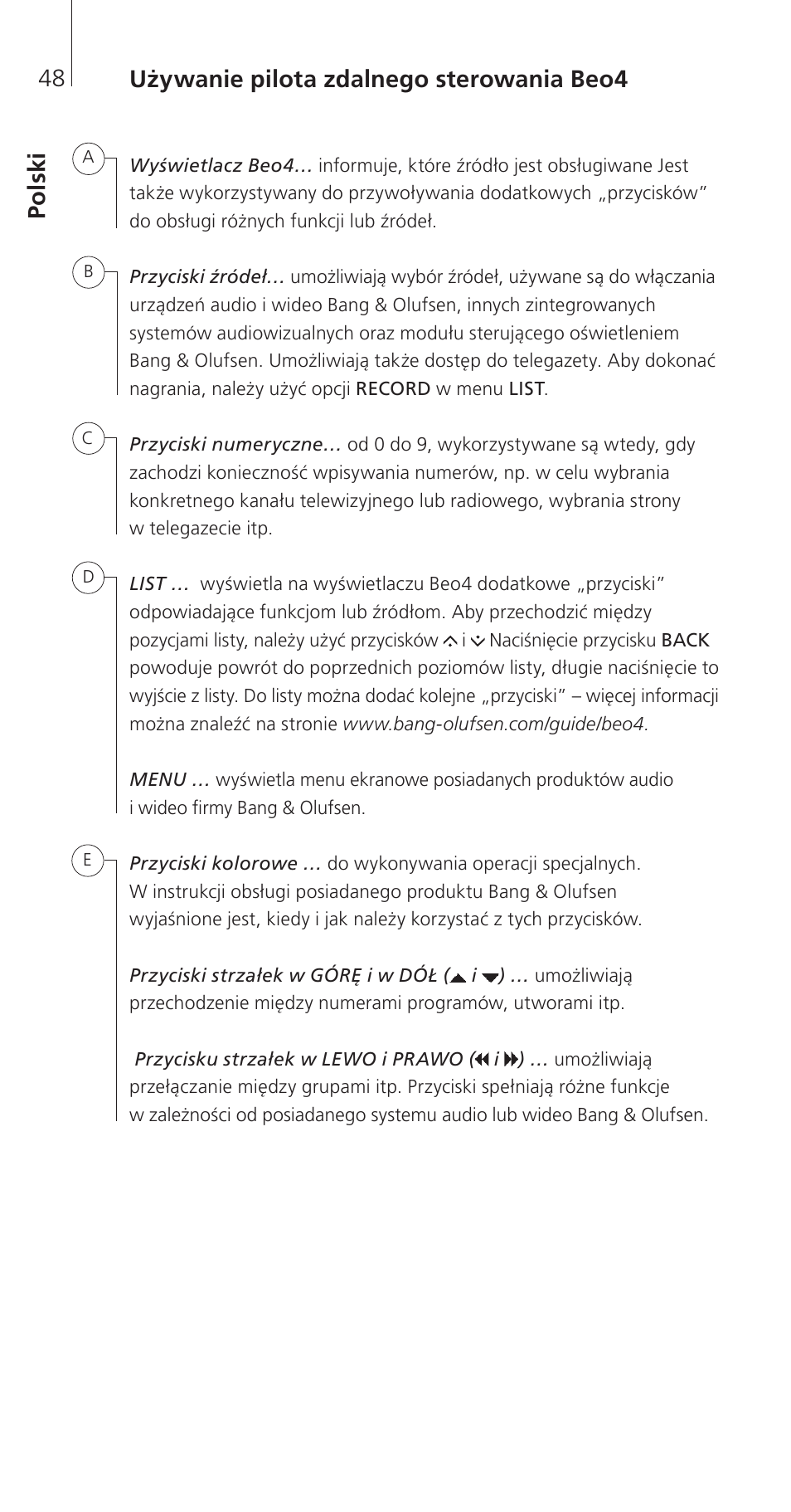 Polski, Po ls ki używanie pilota zdalnego sterowania beo4 | Bang & Olufsen Beo4 (w/ navigation button) - Getting Started User Manual | Page 50 / 80