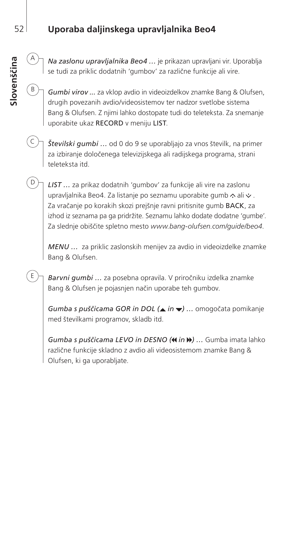 Slovenščina | Bang & Olufsen Beo4 (w/ navigation button) - Getting Started User Manual | Page 54 / 80