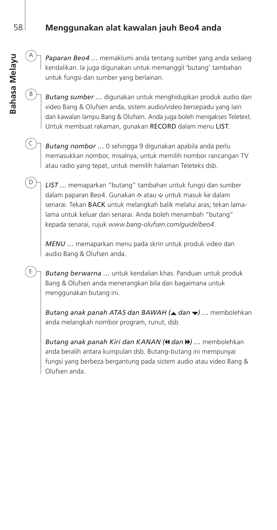 Bahasa melayu | Bang & Olufsen Beo4 (w/ navigation button) - Getting Started User Manual | Page 60 / 80