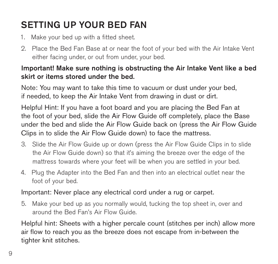 Setting up your bed fan | Brookstone Bed Fan with Wireless Remote 782019p User Manual | Page 10 / 16