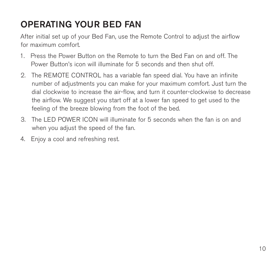 Operating your bed fan | Brookstone Bed Fan with Wireless Remote 782019p User Manual | Page 11 / 16