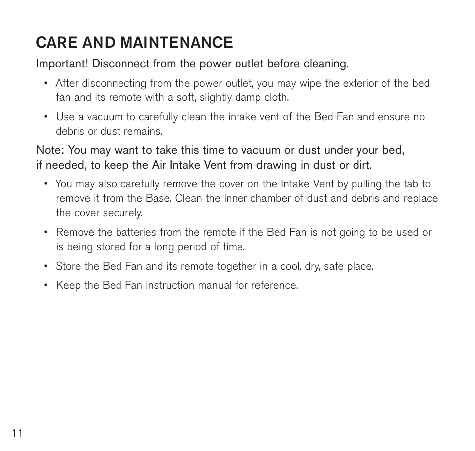 Care and maintenance | Brookstone Bed Fan with Wireless Remote 782019p User Manual | Page 12 / 16