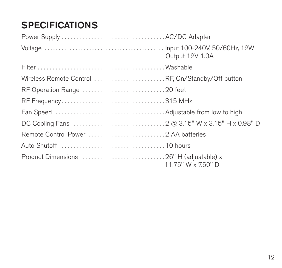 Specifications | Brookstone Bed Fan with Wireless Remote 782019p User Manual | Page 13 / 16