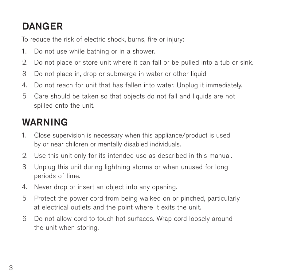 Danger, Warning | Brookstone Bed Fan with Wireless Remote 782019p User Manual | Page 4 / 16