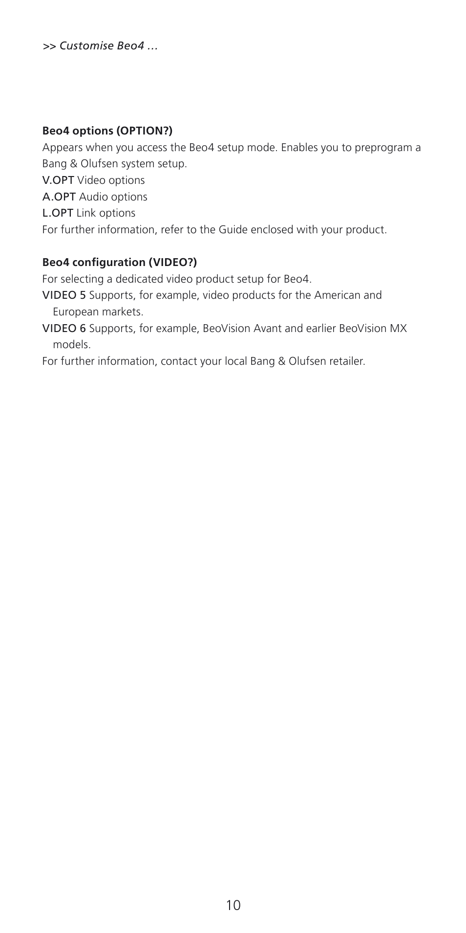 Beo4 options (option?), Beo4 configuration (video?), Config | Bang & Olufsen Beo4 (w/ navigation button) - User Guide User Manual | Page 10 / 20