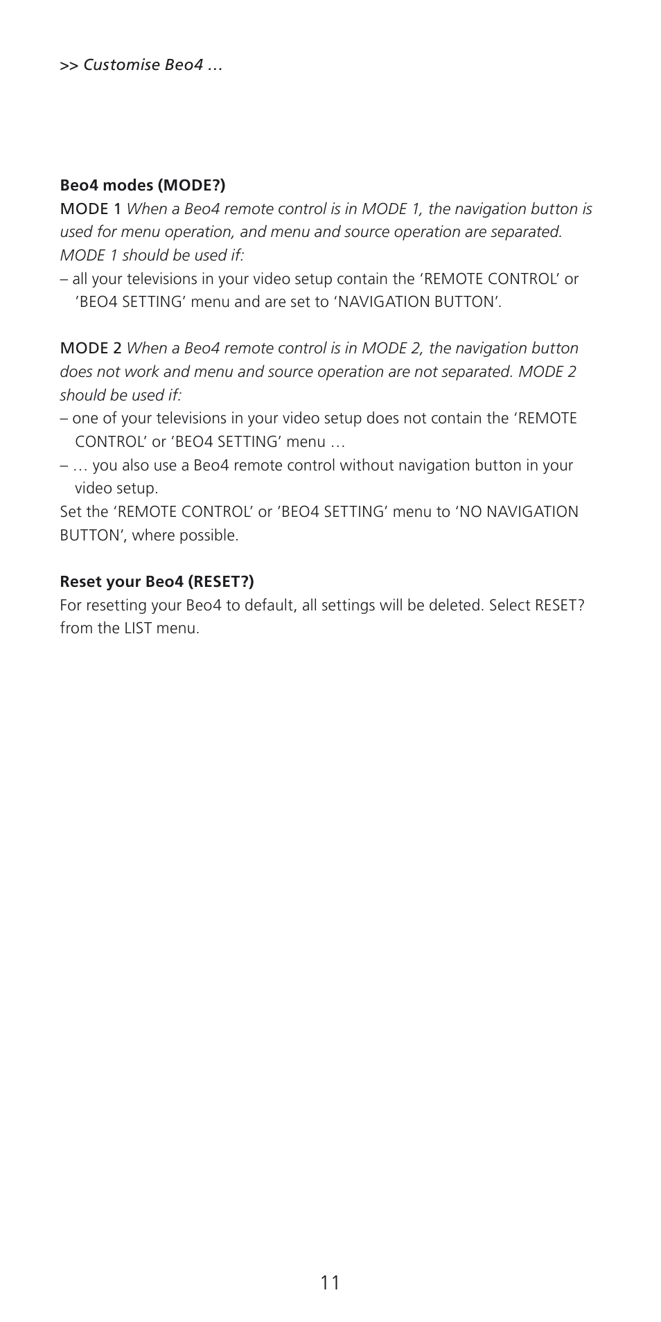 Beo4 modes (mode?), Reset your beo4 (reset?), Mode | Bang & Olufsen Beo4 (w/ navigation button) - User Guide User Manual | Page 11 / 20