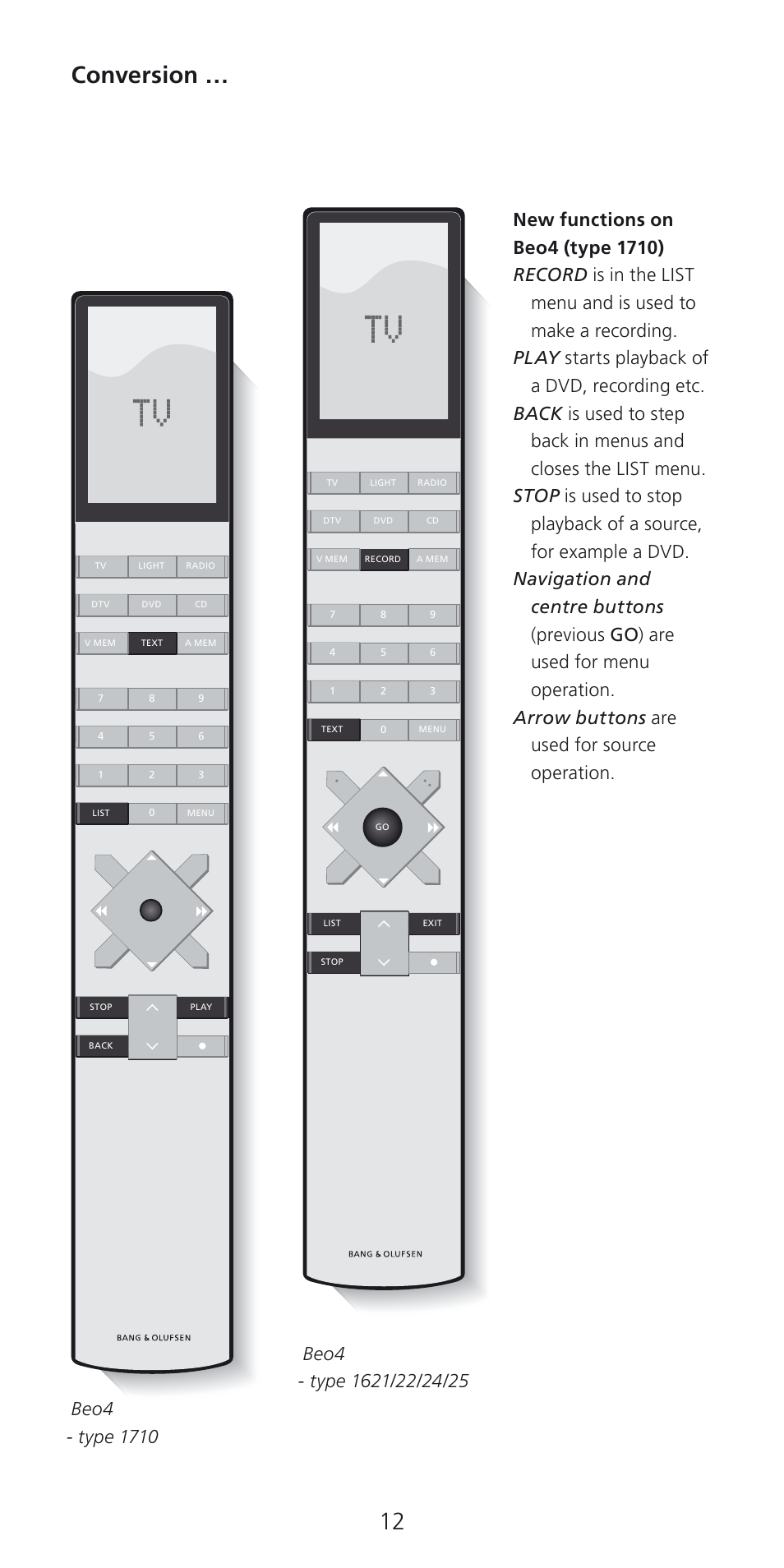 Conversion | Bang & Olufsen Beo4 (w/ navigation button) - User Guide User Manual | Page 12 / 20