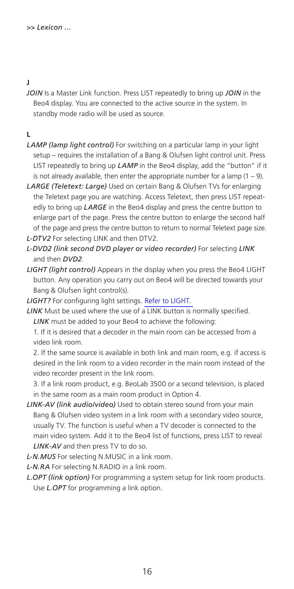 Light | Bang & Olufsen Beo4 (w/ navigation button) - User Guide User Manual | Page 16 / 20