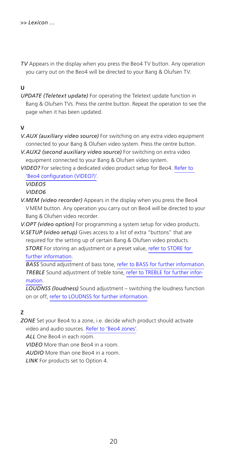 V.setup, V. setup, Refer to | Bang & Olufsen Beo4 (w/ navigation button) - User Guide User Manual | Page 20 / 20