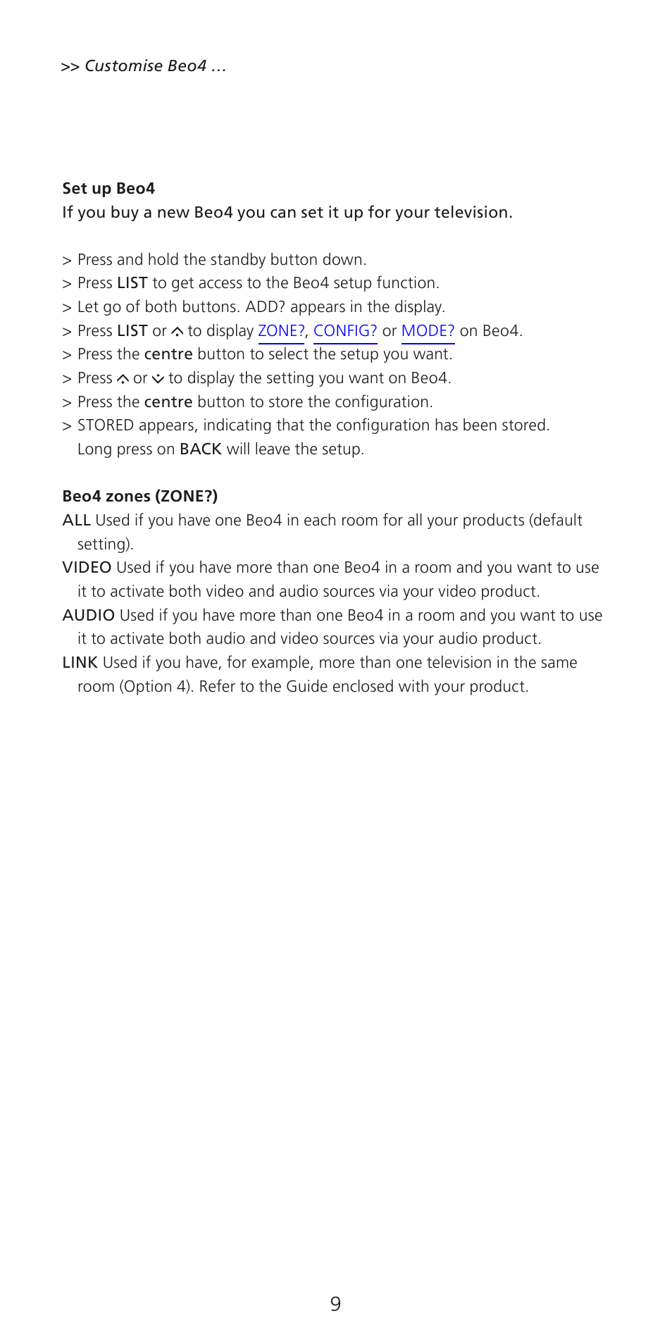 Set up beo4, Beo4 zones (zone?) | Bang & Olufsen Beo4 (w/ navigation button) - User Guide User Manual | Page 9 / 20