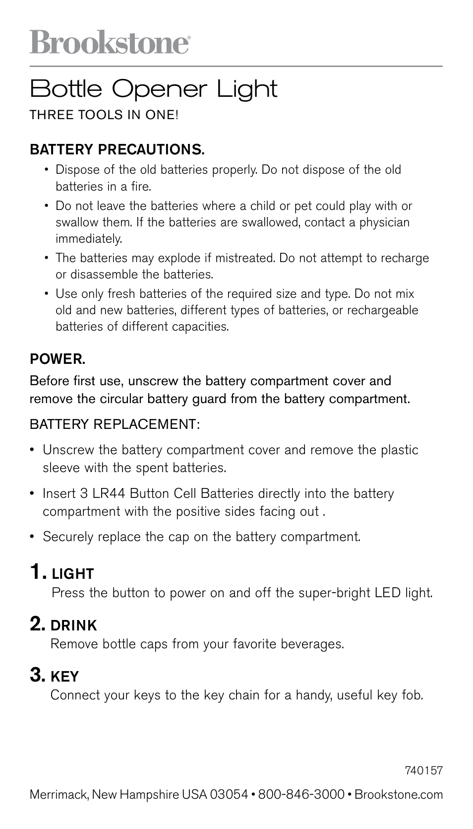 Brookstone Bottle Opener Light 740157 User Manual | 2 pages