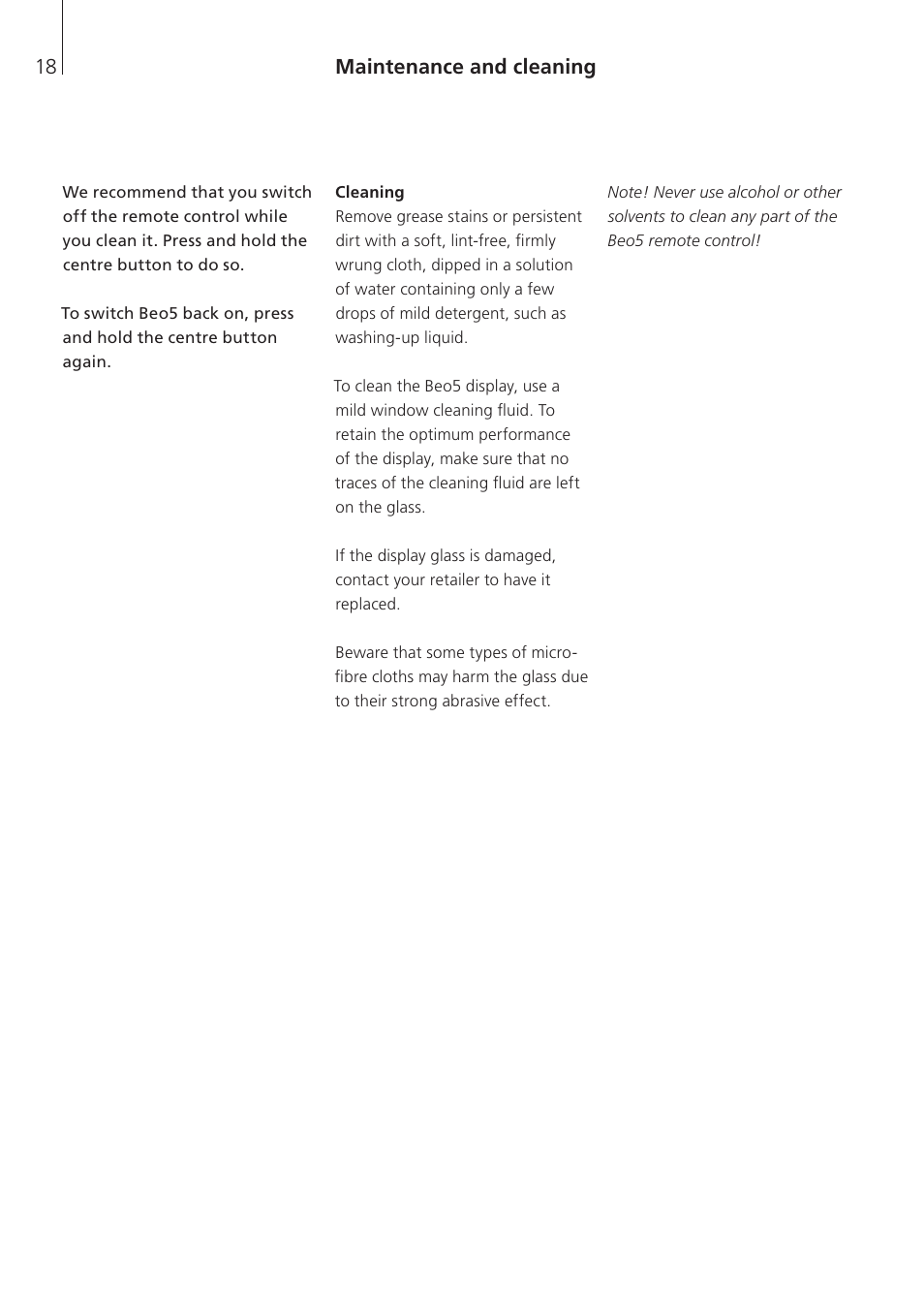 Maintenance and cleaning, Cleaning, Maintenance and cleaning 18 | Bang & Olufsen Beo5 - User Guide User Manual | Page 18 / 24