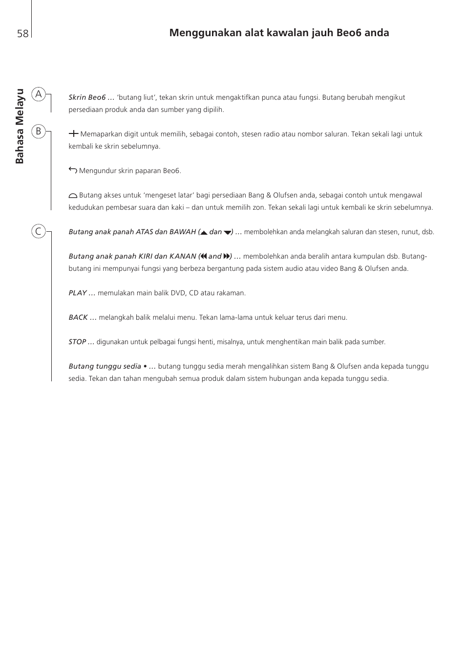 Bahasa melayu | Bang & Olufsen Beo6 - Getting Started User Manual | Page 60 / 84