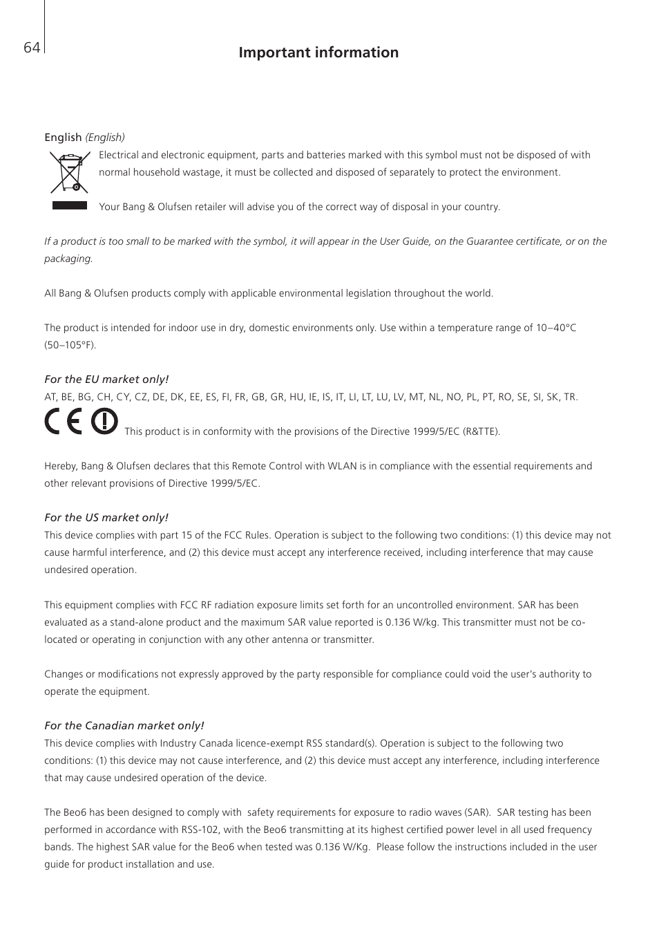 Important information 64 | Bang & Olufsen Beo6 - Getting Started User Manual | Page 66 / 84