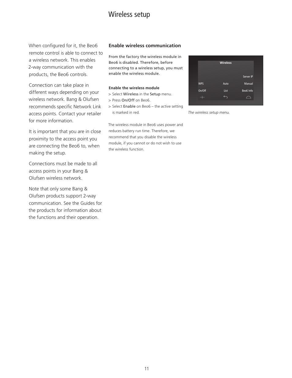 Wireless setup | Bang & Olufsen Beo6 - User Guide User Manual | Page 11 / 15