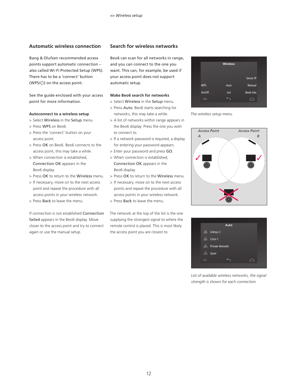 Automatic wireless connection, Search for wireless networks | Bang & Olufsen Beo6 - User Guide User Manual | Page 12 / 15