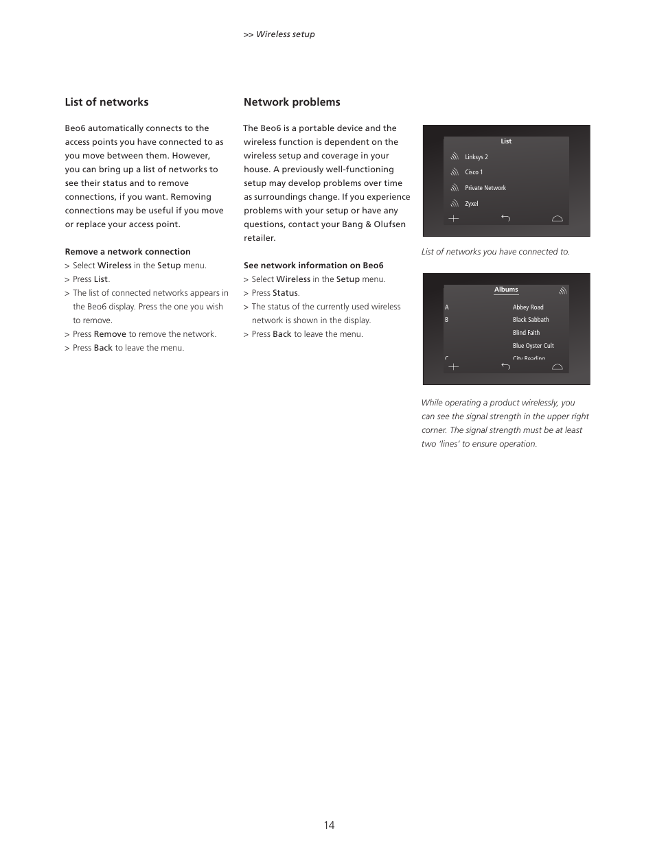 14 list of networks, Network problems | Bang & Olufsen Beo6 - User Guide User Manual | Page 14 / 15