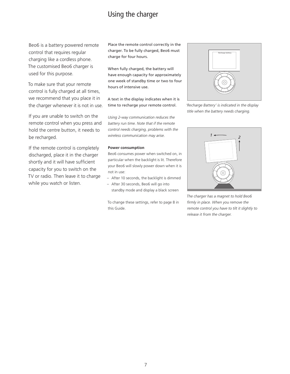 Using the charger, Using the charger, 7 how to use the table charger | Bang & Olufsen Beo6 - User Guide User Manual | Page 7 / 15