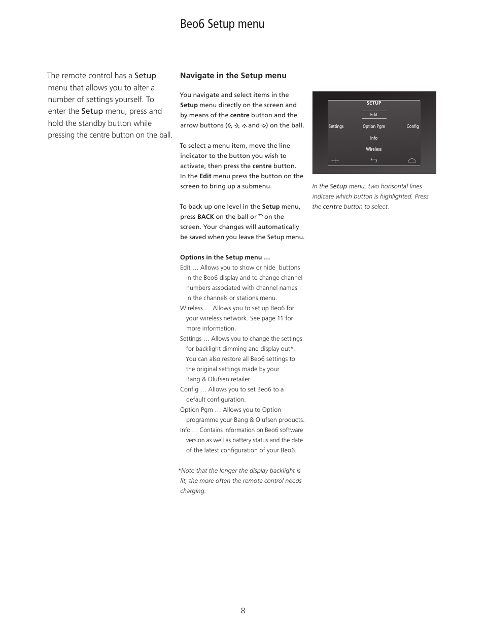 Beo6 setup menu | Bang & Olufsen Beo6 - User Guide User Manual | Page 8 / 15