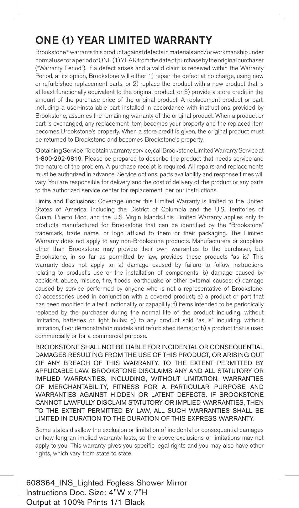 One (1) year limited warranty | Brookstone 9" Lighted User Manual | Page 2 / 2