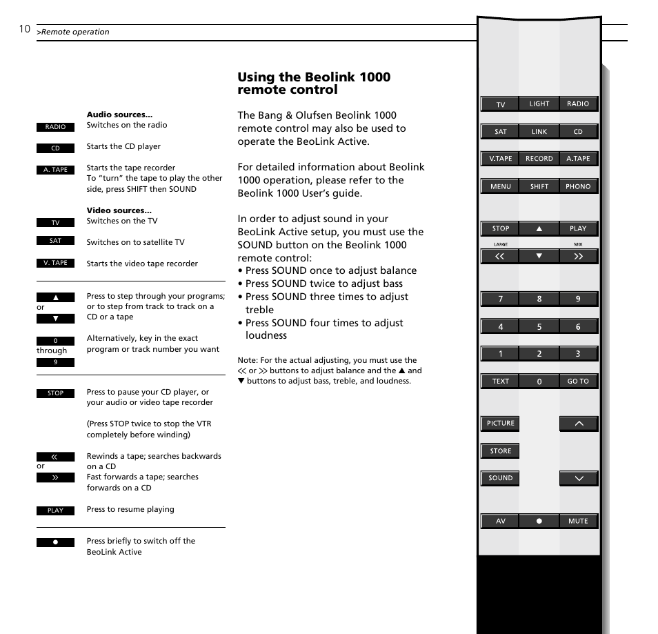 Using the beolink 1000 remote control | Bang & Olufsen BeoLink Active - User Guide User Manual | Page 10 / 12